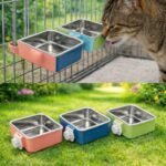 3 stuks - Hangende voerbak voor huisdierenkooi - Voerbak voor huisdieren - 2-in-1 waterbak - verstelbaar - verwijderbare - dubbel ontwerp van roestvrij staal - voor honden puppy, kat, konijn, cavia, egel, vogel - groen en blauw