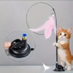 Cat Feather Wand Stick with Suction Cup Wire Teaser Kitten Toy w/ Dangle Bell